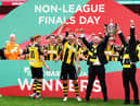 Hebburn Town's Michael Richardson, left, Louis Storey and chairman Vincent Pearson celebrate at Wembley. Picture: John Walton/PA Wire.