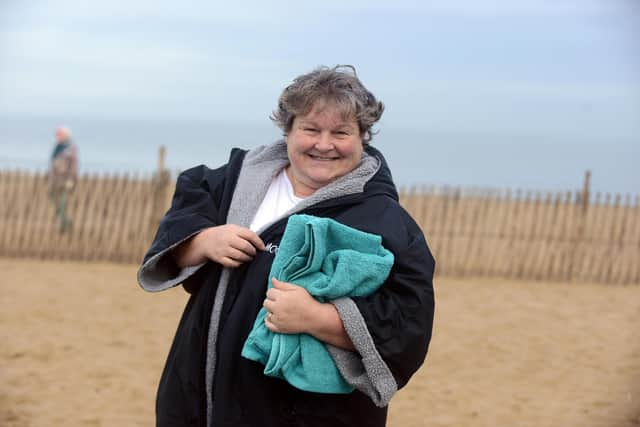 Out and about at Sandhaven Beach. Lavender Lasses Billie-Jean Morris cold water callenge for Cancer Research.