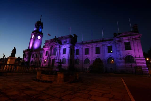 South Shields Town Hall lit pink and blue.