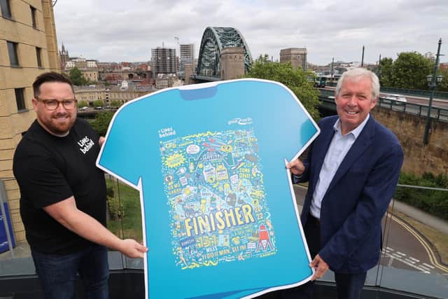 Sir Brendan Foster, who founded the Great North Run and local artist James Dixon who came up with this year's designs