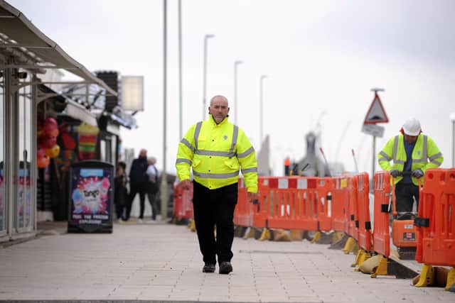 South Tyneside Council Cllr Ernest Gibson at pavement works along Sea Road, South Shields.