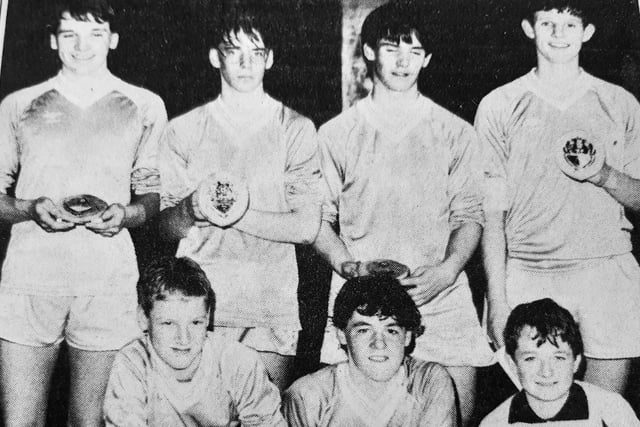 Kirkcaldy newspaper delivery boys won the Scottish national newsboys five-a-sides.
They all work with Martin Blankenstein and Gordon Meldrum
They beat Glasgow 2-1 in the final.
Pictured: Alexander Donaldson, Peter Hunter, Paul Smith, Craig Gilbert,. Front Gary Skinner, Graham Deas and Stuart Taylor.
