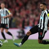Newcastle United's English striker Callum Wilson passes the ball during the English League Cup final football match between Manchester United and Newcastle United at Wembley Stadium, north-west London on February 26, 2023. (Photo by ADRIAN DENNIS / AFP)
