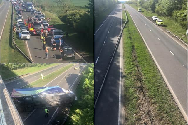 A lorry has crashed through the central reservation and overturned. Photos: Paul Blakelock.