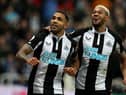 Callum Wilson of Newcastle United celebrates after scoring their side's first goal with Joelinton during the Premier League match between Newcastle United and Burnley at St. James Park on December 04, 2021 in Newcastle upon Tyne, England. (Photo by Ian MacNicol/Getty Images)