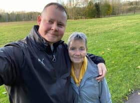 Mark on the final day of his walking challenge, with his Mam