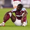 Kurt Zouma of West Ham United looks dejected after  the Premier League match between West Ham United and Watford at London Stadium on February 8, 2022 in London, United Kingdom. (Photo by Marc Atkins/Getty Images)