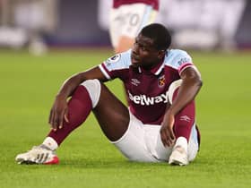 Kurt Zouma of West Ham United looks dejected after  the Premier League match between West Ham United and Watford at London Stadium on February 8, 2022 in London, United Kingdom. (Photo by Marc Atkins/Getty Images)