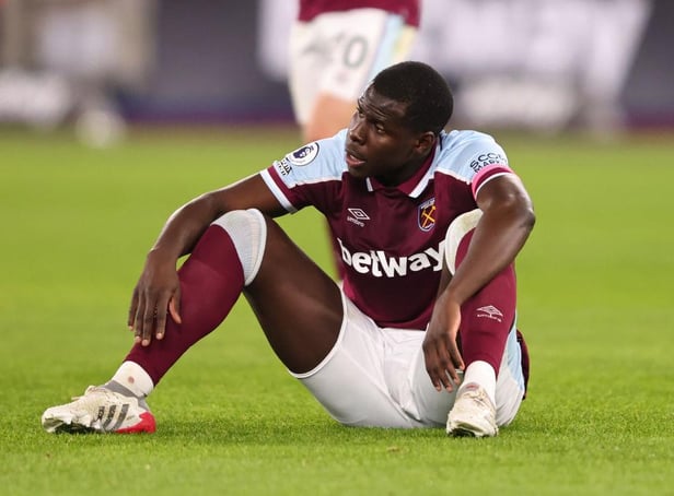 Kurt Zouma of West Ham United looks dejected after  the Premier League match between West Ham United and Watford at London Stadium on February 8, 2022 in London, United Kingdom. (Photo by Marc Atkins/Getty Images)