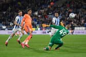 HUDDERSFIELD, ENGLAND - FEBRUARY 12: Jacob Murphy of Cardiff City scores his sides first goal during the Sky Bet Championship match between Huddersfield Town and Cardiff City at John Smith's Stadium on February 12, 2020 in Huddersfield, England. (Photo by George Wood/Getty Images)