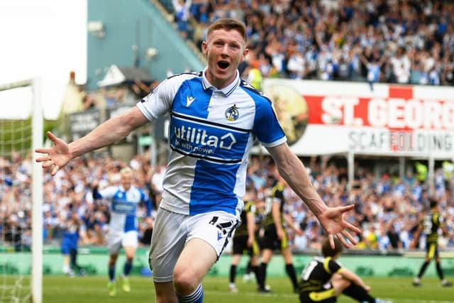 Elliot Anderson celebrates his promotion-winning goal for Bristol Rovers last season.