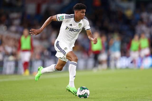 LEEDS, ENGLAND - AUGUST 24: Cody Drameh of Leeds United runs with the ball during the Carabao Cup Second Round match between Leeds United and Barnsley at Elland Road on August 24, 2022 in Leeds, England. (Photo by George Wood/Getty Images)