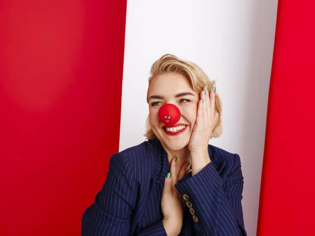 Musician Self Esteem supports Red Nose Day 2024 by wearing one of the new plastic-free, recyclable and plant-based Noses (Photo by Rebecca Naen/Comic Relief)