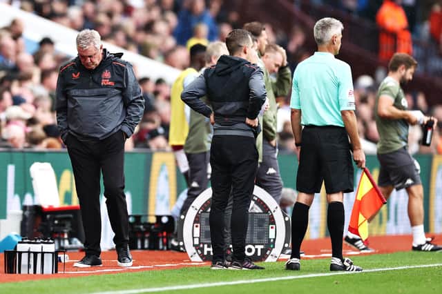 BIRMINGHAM, ENGLAND - AUGUST 21: Steve Bruce, Manager of Newcastle United looks dejected during the Premier League match between Aston Villa and Newcastle United at Villa Park on August 21, 2021 in Birmingham, England. (Photo by Ryan Pierse/Getty Images)