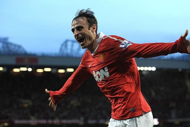 Manchester United forward Dimitar Berbatov celebrates scoring against Newcastle United at Old Trafford in 2010.