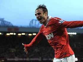 Manchester United forward Dimitar Berbatov celebrates scoring against Newcastle United at Old Trafford in 2010.