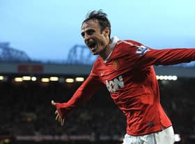 Manchester United forward Dimitar Berbatov celebrates scoring against Newcastle United at Old Trafford in 2010.