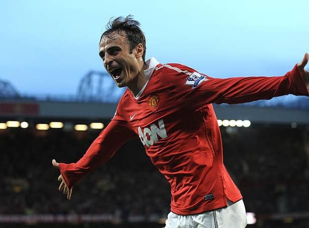 Manchester United forward Dimitar Berbatov celebrates scoring against Newcastle United at Old Trafford in 2010.