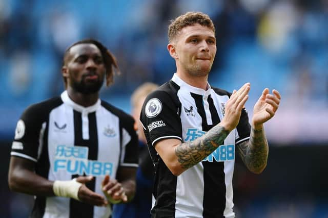 Kieran Trippier of Newcastle United applauds their fans after the final whistle of the Premier League match between Manchester City and Newcastle United at Etihad Stadium on May 08, 2022 in Manchester, England. (Photo by Stu Forster/Getty Images)