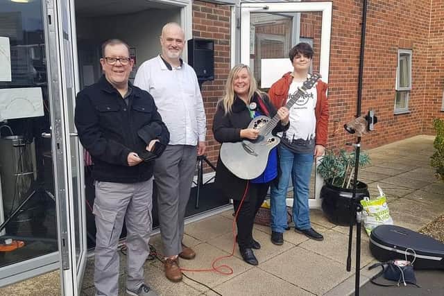 The collective has performed for South Tyneside care homes during the pandemic - here at Deanside Court. (left to right) Michael Houghton, singer; Ian Curry, co-founder of Into the Studio; Elaine Rennie, singer-songwriter; Daniel Curry, singer