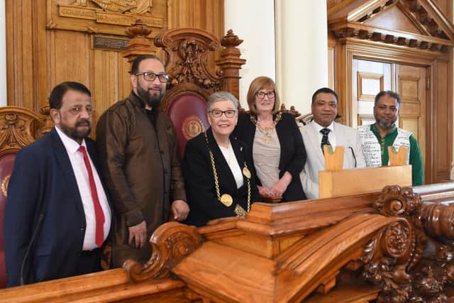 The Mayor and Mayoress with members of South Tyneside’s Bangladeshi community at South Shields Town Hall. (l-r) Mahburur Rahman, Habibur Rahman Rana, the Mayor Coun. Pat Hay, Mayoress Jean Copp, Mufti Burhan Uddin and Noor Ahmed Kinu.