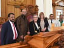 The Mayor and Mayoress with members of South Tyneside’s Bangladeshi community at South Shields Town Hall. (l-r) Mahburur Rahman, Habibur Rahman Rana, the Mayor Coun. Pat Hay, Mayoress Jean Copp, Mufti Burhan Uddin and Noor Ahmed Kinu.