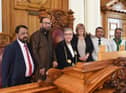 The Mayor and Mayoress with members of South Tyneside’s Bangladeshi community at South Shields Town Hall. (l-r) Mahburur Rahman, Habibur Rahman Rana, the Mayor Coun. Pat Hay, Mayoress Jean Copp, Mufti Burhan Uddin and Noor Ahmed Kinu.
