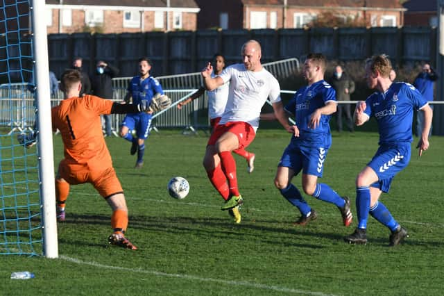 Jarrow (blue) in action against Yorkshire Amateur (white) at Perth Green, South Shields, on Saturday.