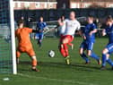 Jarrow (blue) in action against Yorkshire Amateur (white) at Perth Green, South Shields, on Saturday.