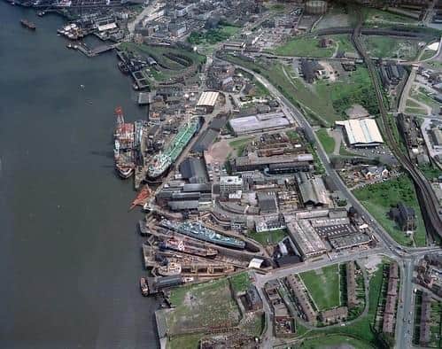 A historic aerial shot of the site in years past