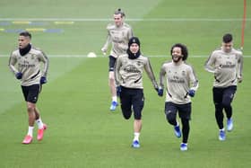 (L-R) Real Madrid's Dominicans forward Mariano Diaz, Real Madrid's Welsh forward Gareth Bale, Real Madrid's Colombian midfielder James Rodriguez, Real Madrid's Brazilian defender Marcelo and Real Madrid's Serbian forward Luka Jovic run during a training session at the club's training ground in Valdebebas in the outskirts of Madrid on February 29, 2020 on the eve of the Spanish League football match between Real Madrid and Barcelona.