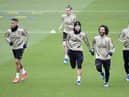 (L-R) Real Madrid's Dominicans forward Mariano Diaz, Real Madrid's Welsh forward Gareth Bale, Real Madrid's Colombian midfielder James Rodriguez, Real Madrid's Brazilian defender Marcelo and Real Madrid's Serbian forward Luka Jovic run during a training session at the club's training ground in Valdebebas in the outskirts of Madrid on February 29, 2020 on the eve of the Spanish League football match between Real Madrid and Barcelona.