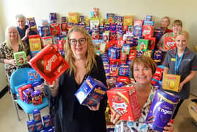 Viv Watts of Hope 4 Kidz, with healthcare assistant Helen Hudson and hospital staff get ready to share out the Easter Eggs at Sunderland Royal Hospital.