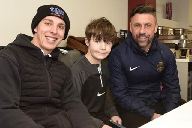 Finn was greeted by Kevin Phillips and Jordan Hunter on his return to South Shields