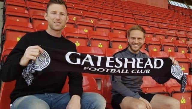 Mike Williamson, left, following his appointment as Gateshead player-manager in 2019.