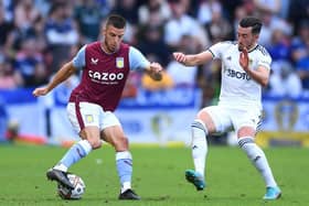 Jack Harrison, right, playing for Leeds United against Aston Villa in Brisbane.