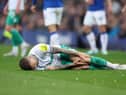 Kieran Trippier of Newcastle United goes down with an injury during the Premier League match between Everton FC and Newcastle United at Goodison Park on April 27, 2023 in Liverpool, England. (Photo by Alex Livesey/Getty Images)
