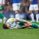 Kieran Trippier of Newcastle United goes down with an injury during the Premier League match between Everton FC and Newcastle United at Goodison Park on April 27, 2023 in Liverpool, England. (Photo by Alex Livesey/Getty Images)