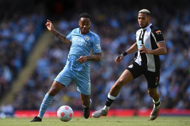 Manchester City player Raheem Sterling in action during the Premier League match between Manchester City and Newcastle United at Etihad Stadium on May 08, 2022 in Manchester, England. (Photo by Stu Forster/Getty Images)