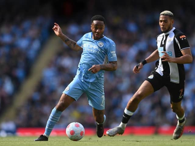 Manchester City player Raheem Sterling in action during the Premier League match between Manchester City and Newcastle United at Etihad Stadium on May 08, 2022 in Manchester, England. (Photo by Stu Forster/Getty Images)