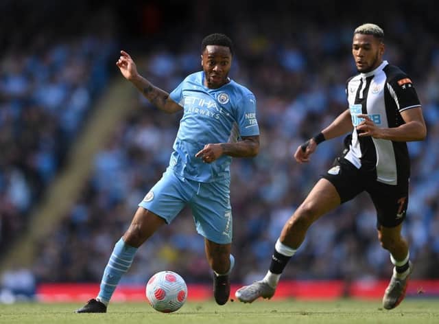 Manchester City player Raheem Sterling in action during the Premier League match between Manchester City and Newcastle United at Etihad Stadium on May 08, 2022 in Manchester, England. (Photo by Stu Forster/Getty Images)