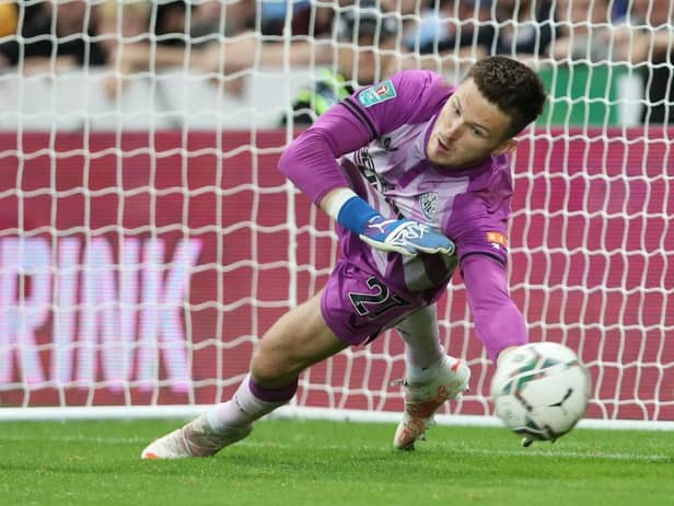 Freddie Woodman of Newcastle United fails to save a penalty from Charlie Taylor of Burnley in the shootout during the Carabao Cup Second Round match between Newcastle United and Burnley at St. James Park on August 25, 2021 in Newcastle upon Tyne, England. (Photo by Ian MacNicol/Getty Images)