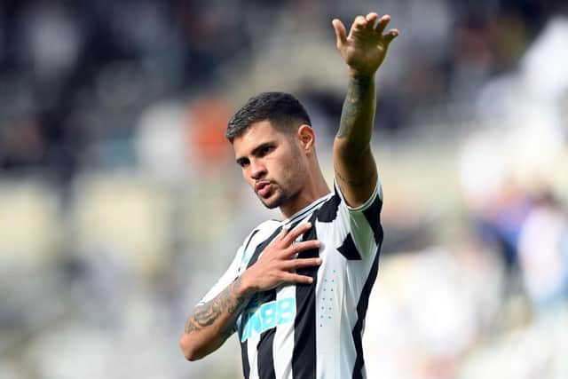 Newcastle United player Bruno Guimaraes waves to the fans after the Premier League match between Newcastle United and Nottingham Forest at St. James Park on August 06, 2022 in Newcastle upon Tyne, England. (Photo by Stu Forster/Getty Images)