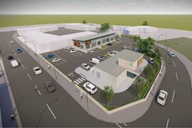 CGI image of proposed new development in South Shields including commercial units and Starbucks drive-thru.