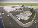 CGI image of proposed new development in South Shields including commercial units and Starbucks drive-thru.