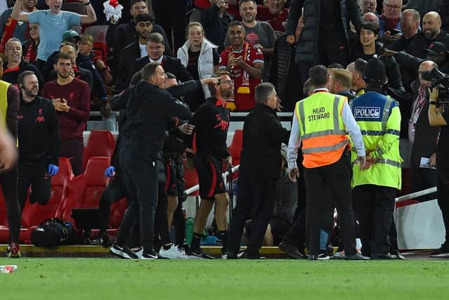 The Liverpool bench celebrate after the winning goal during the Premier League match between Liverpool FC and Newcastle United at Anfield on August 31, 2022 in Liverpool, England. (Photo by John Powell/Liverpool FC via Getty Images)