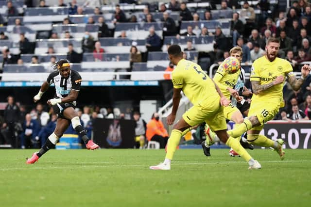 Allan Saint-Maximin of Newcastle United shoots at goal during the Premier League match between Newcastle United and Brentford at St. James Park (Photo by George Wood/Getty Images)