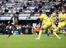 Allan Saint-Maximin of Newcastle United shoots at goal during the Premier League match between Newcastle United and Brentford at St. James Park (Photo by George Wood/Getty Images)
