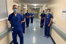 ITU staff at South Tyneside District Hospital. Dr Christian Frey (front), Dr Riccardo Scano (right),  ICCU coordinator Lousie Rowe (left).