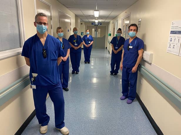 ITU staff at South Tyneside District Hospital. Dr Christian Frey (front), Dr Riccardo Scano (right),  ICCU coordinator Lousie Rowe (left).